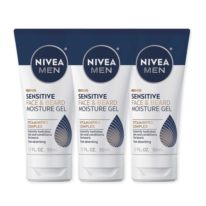 NIVEA Men Sensitive Face and Beard Moisture Gel Gentle Face and Beard Moisturizer for Men Instantly Hydrates Skin and Conditions Facial Hair 17 Fl Oz Tube Pack of 3